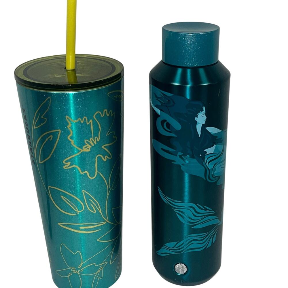 Starbucks Spring 23 Teal Siren Steel 20oz/Teal Floral Venti Steel Cold Cup 24oz